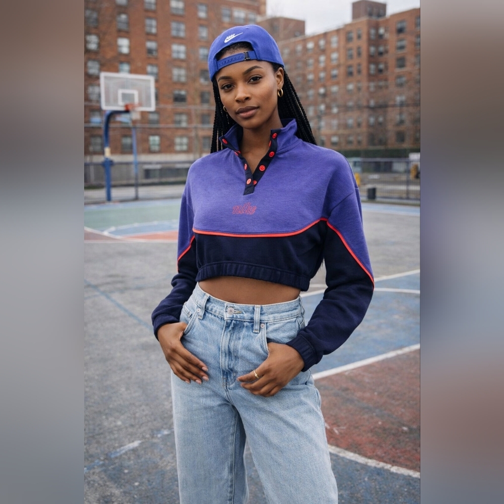 Nike S Cropped Half Snap Sweatshirt Purple Navy Colorblock Retro Y2K Sporty